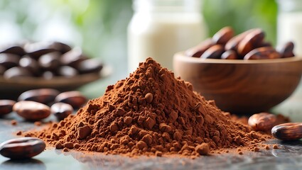 Cocoa powder and beans on a table with milk