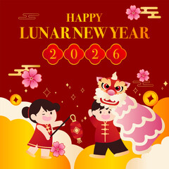 Happy Lunar New Year Kids Celebrating with Lion Dance and Lanterns