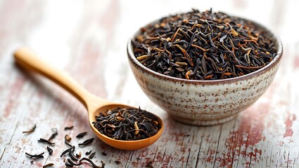 Loose leaf black tea in ceramic bowl and wooden spoon