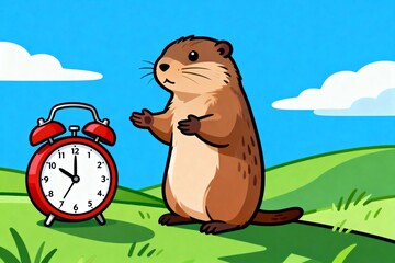 Cartoon groundhog standing next to alarm clock on green hill under blue sky