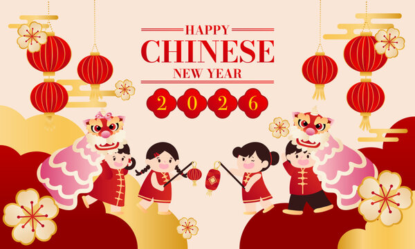 Happy Chinese New Year Celebration with Prople and Lion Dance Banner