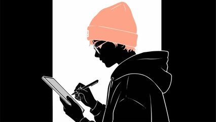 Silhouette of a person wearing a beanie and glasses drawing on a tablet.