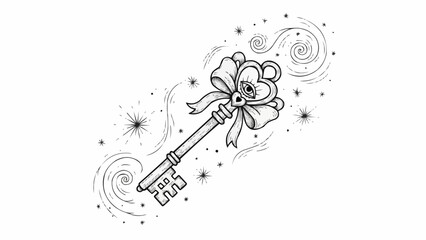 Ornate Vintage Key with Heart Shaped Bow and Swirling Stars.