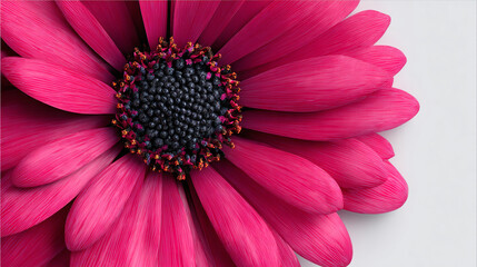 A vibrant close-up of a pink flower, showcasing intricate details. The petals radiate outwards, revealing a dark center