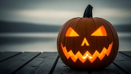 Fototapeta premium Glowing jack o lantern on a wooden deck at dusk
