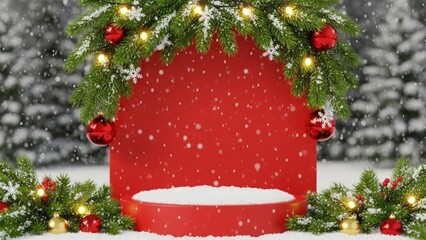 Christmas Scene with Red Podium and Snowfall holiday winter