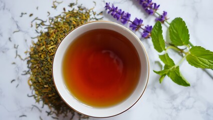 Soothing herbal tea with lavender and mint on marble surface
