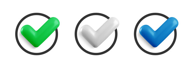 Vector realistic 3d Check mark in flat circle icon set. Trendy plastic green, blue and white checkmark with select circle icon. Round yes button collection. 3d render tick sign for web, app, game, adv