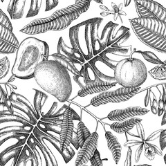 Tropical flowers pattern. Summer fruits, palm leaves hand drawn vector illustration. Exotic birds seamless background. Not AI generated 