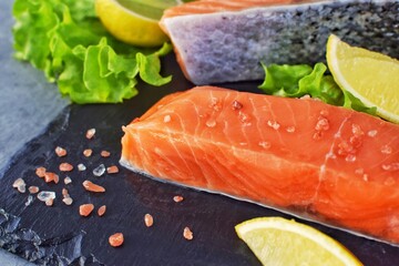 Fresh salmon fillet steak, raw fish meat.