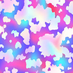 Abstract cow rainbow seamless pattern. Vector animal skin print, cute holographic dalmatian spots on foil gradient background. Natural rough spotted texture for textile, decoration, wrapping, cover.