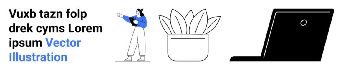 Woman gesturing at text, next to a leafy plant in a pot and a laptop. Ideal for digital workspace, creativity, teamwork, productivity, education, communication, and simple landing page