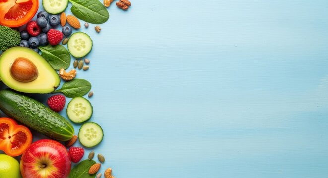 A vibrant display of fresh, colorful fruits and vegetables on a blue background.