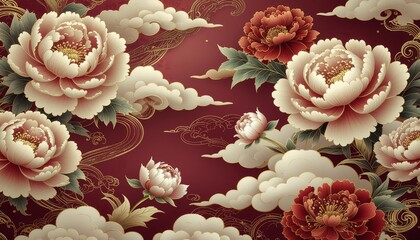 Vibrant peony flowers with clouds on red background for luxury design