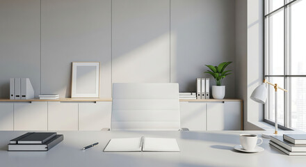 Office Interior: Minimalist office space bathed in natural light, a desk adorned with notebook, and a touch of greenery, signifying a serene and functional work environment.