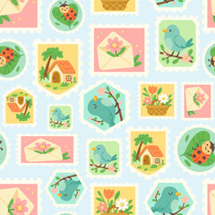 Seamless spring pattern with cute postage stamps featuring birds, flowers, houses and love letters. Soft pastel background design for kids products, stationery, wrapping paper, fabric and decor