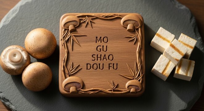 Wholesome Braised Tofu (Mo Gu Shao Dou Fu) with Mushrooms and Carved Nanmu Wood Plaque with Bamboo Motifs