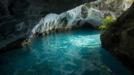 Serene Turquoise Underground Lake in a White Marble Sea Cave with Sunlight