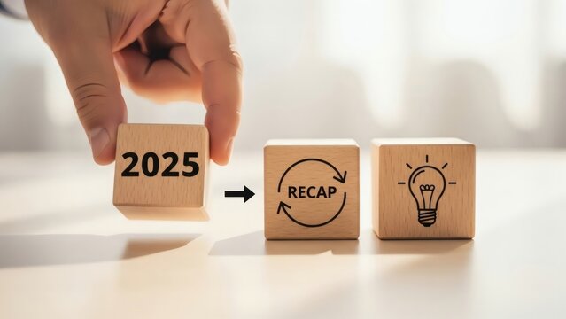 2025 Year in Review Business and Finance. Hand moving 2025 cube toward recap and idea blocks, symbol of strategic evaluation process.
