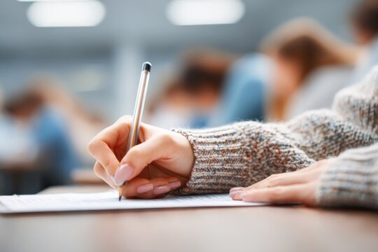 Close-up of a hand holding a pen and paper, doing an exam in school, writing something. Blurred background. The student is sitting at their desk, taking a mental test for a final-year class.