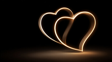 Valentine's Day background. Neon golden hearts on a dark background.
