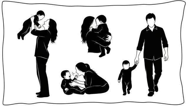 Black Silhouette Parent Vector Playing and Hugging Baby