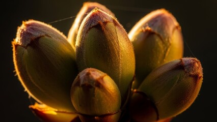 Close-up of plant buds illuminated by warm golden light nature