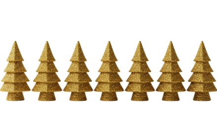 seven identical, macro-detailed gold glitter geometric miniature christmas trees forming a decorative border on a brilliant white background with significant copy space. luxury modern holiday concept