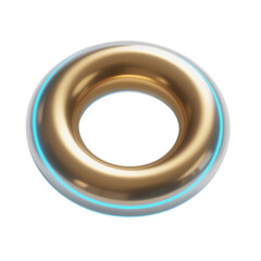 Glossy 3D donut ring icon in metallic gold with soft blue rim light, isolated on transparent background for progress visualization, UI loaders, abstract systems, and interface components.