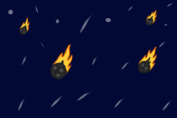 Cartoon Illustration of Falling Meteors and Asteroid Rain in Outer Space. © Yuli