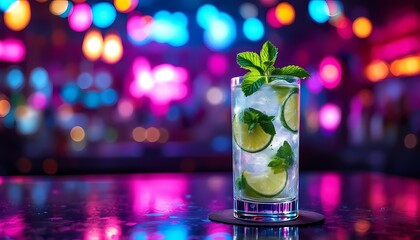 Fresh Mojito Cocktail with Lime and Mint on Bar Counter with Neon Bokeh Background