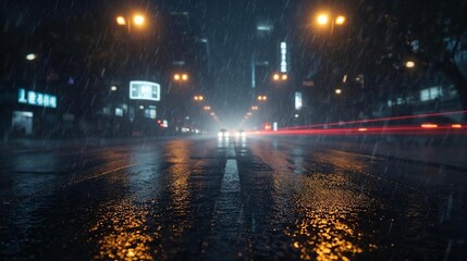 Atmospheric Nighttime Rain Scenery of City Street with Car Light Trails