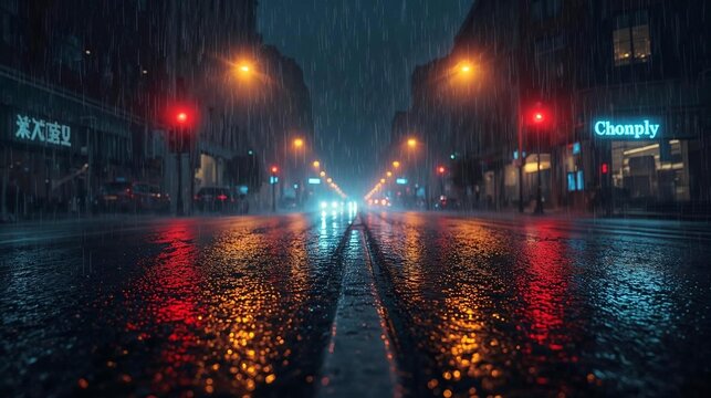 Atmospheric Rainy Night Urban Landscape with Reflective Street and Cityscape - Powered by Adobe