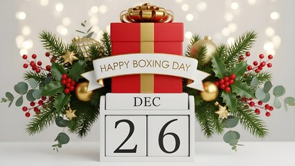 "Happy Boxing Day" Banner with Red Gift Box, Calendar Dec 26, Fir Branches, Golden Ornaments, and Bokeh Lights