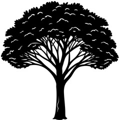 A black vector silhouette of a forest tree with detailed branches, roots, and leaves represents nature and life through a minimalist plant design suitable for every season from spring to winter