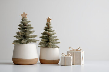 Two decorative Christmas trees in ceramic pots with stars on top. Nearby, there are small wrapped gifts. The color scheme reflects the 2026 color of the year, Cloud Dancer.