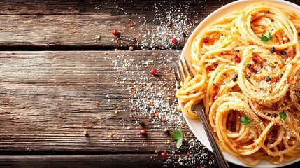 Cool diffused-light flatlay of spaghetti on white plate, parmesan snow scattered, upper-right blank headline for gourmet mag gatefold or cooking class cover