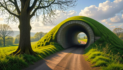 An idyllic hiking trail that leads through a short, grass-covered tunnel. A picturesque scene.