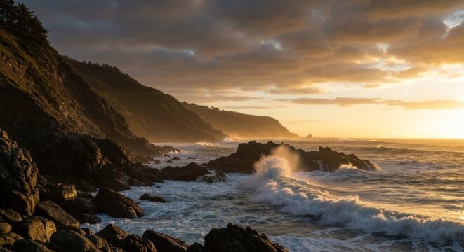 Dramatic coastal sunset, rugged cliffs meet the crashing waves. Golden light bathes the horizon - Powered by Adobe