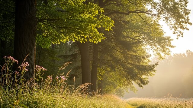 Morning fog over field background.