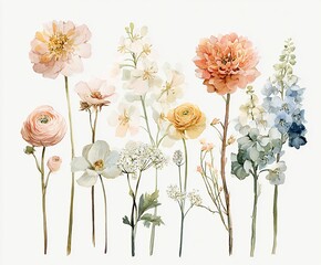 Elegant set of watercolour romantic botanical flower stems seperated on a white background featuring ranunculus, sweet peas, garden roses, dahlias, delphinium, cosmos, and queen anne's lace