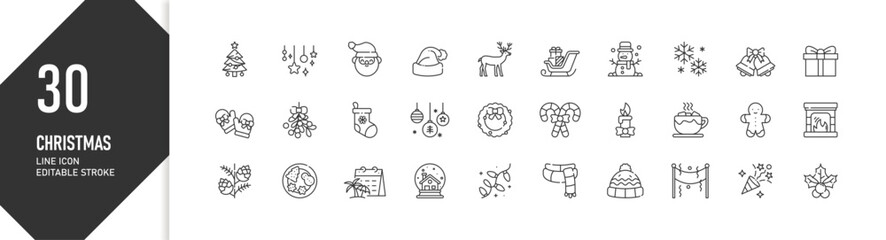 30 Christmas Line Icons for Holiday, Winter and Festive Design