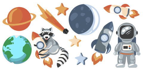 Cute raccoon astronaut flying in space with Earth, rockets and planets. Adorable cartoon illustration for kids designs, storybooks and space themed decorations.
