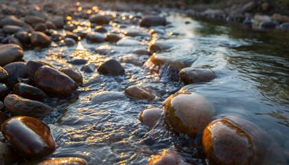 Close-up view of a shallow riverbed with smooth, wet stones and flowing water under warm, golden light.