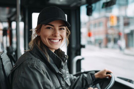 young female bus driver sitting in the drivers seat of a city bus