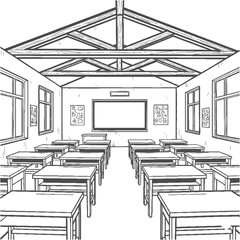 Empty Classroom Interior with Desks and Blackboard Hand-drawn