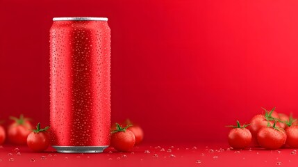 A metallic red soda can glistening with condensation is presented with fresh dew kissed tomatoes against a bold solid red backdrop evoking a sense of cool refreshment and natural flavor