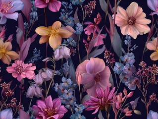 Elegant and romantic watercolor botanical pattern featuring wild flowers