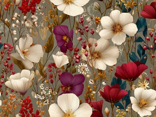 Elegant and romantic watercolor botanical pattern featuring wild flowers