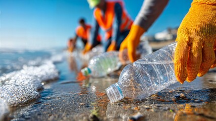 Close-up of a persons gloved hand picking up a plastic water bottle from the sandy shore during a beach clean-up, with other volunteers in the blurry background.